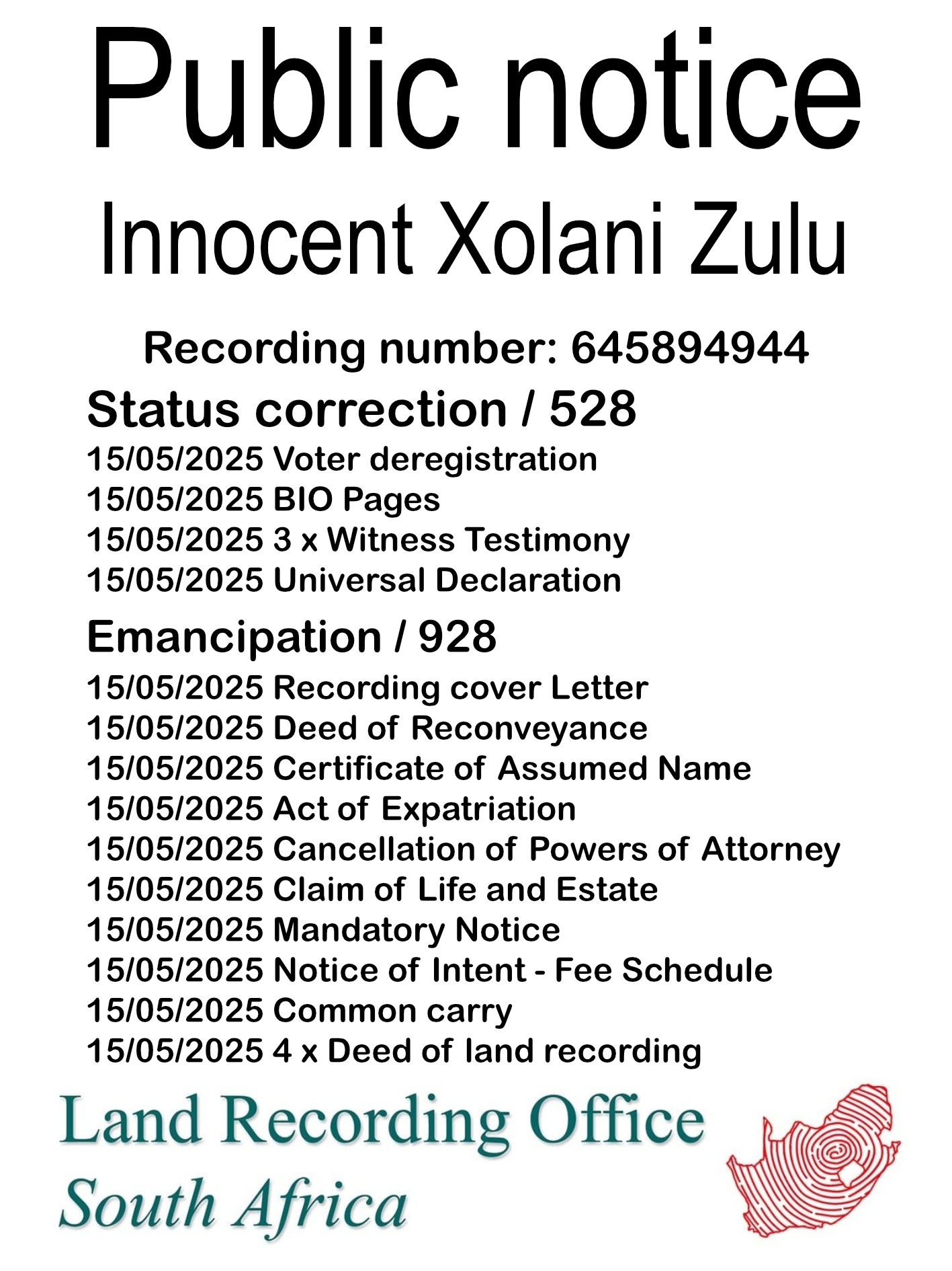 Public Notice Innocent Xolani Zulu (c) Recording number 645894944